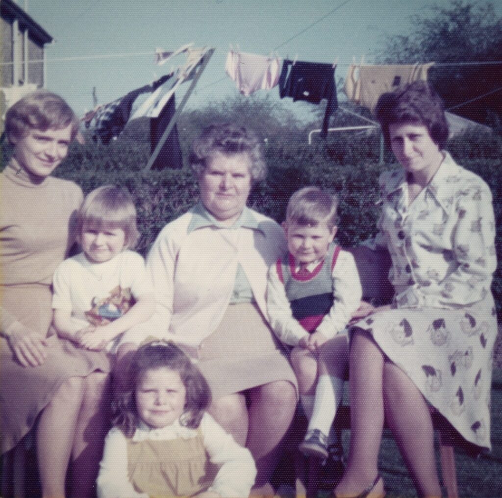 An old photograph, from mid 70s, of Catherine McNally with two of her daughter's in law and three of her grandchildren.